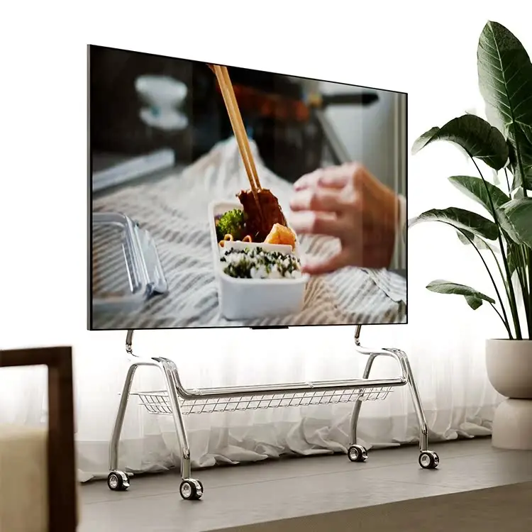TV-Ständer, nordische TV-Mobilhalterung, Wohnzimmer, Zuhause, modern, schlicht, Boden, 32–75 Zoll, Edelstahl-Aufhänger mit Rollen, TV-Schrank Image