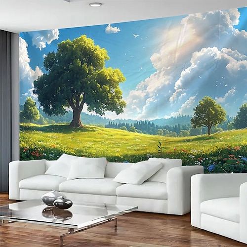 Baum blauer Himmel weiße Wolke Landschaft hängende Tapisserie Wandbild Kunst große Wandteppich Wandbild Dekoration Fotos Hintergrund Teppich Vorhänge Home Schlafzimmer Wohnzimmer Dekoration Image