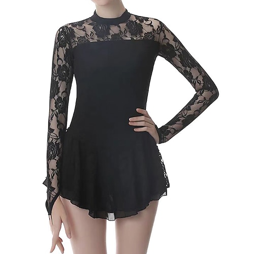 Eiskunstlaufkleid Damen Mädchen Eislaufen Kleid Schwarz Patchwork Daumenloch Netzstoff Spandex Dehnbar Training Übung Professionell Eiskunstlaufkleidung Thermowarm Kristall / Strass Langarm Eislaufen Image