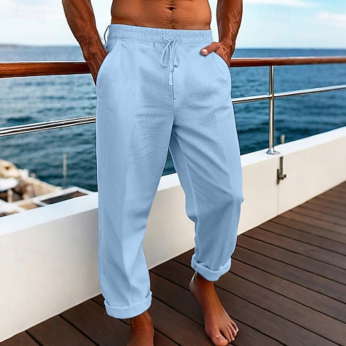 Herren Leinenhosen Hose Sommerhose Baggy-Hosen Strandhose Kordelzug Elastischer Bund Gerader Schnitt Einfach Komfort Atmungsaktiv Volle Länge Lässig Täglich Ferien Urlaub Mode Weiß Marineblau Image
