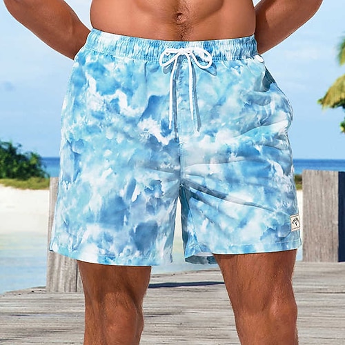 Herren Badeshorts Boardshorts Badehosen Druck Schnelltrocknend Atmungsaktiv Kordelzug Elastischer Bund Urlaub Strand Hawaiianisch Lässig Blau Image