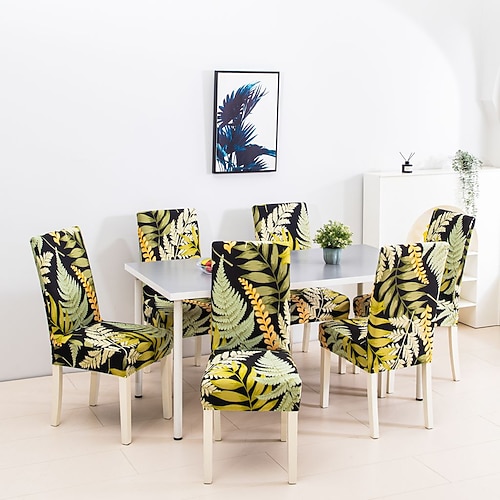 1/2/4/6 Stück elastische Stuhlhussen und rutschfeste modische Stuhlhussen für Esszimmerstühle, einfache Stuhlschutzhülle mit Pflanzenblätterdruck für die Inneneinrichtung von Hotels, Restaurants und Image