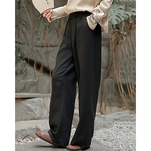 Damen Baumwoll Mischung Hose aus Baumwollleinen Weites Bein Hosen Hose Urlaub Mode Knöchellang Mittlere Taille Einfach Elastischer Bund Bequem Atmungsaktiv Mikroelastisch Straße Alltagskleidung Image
