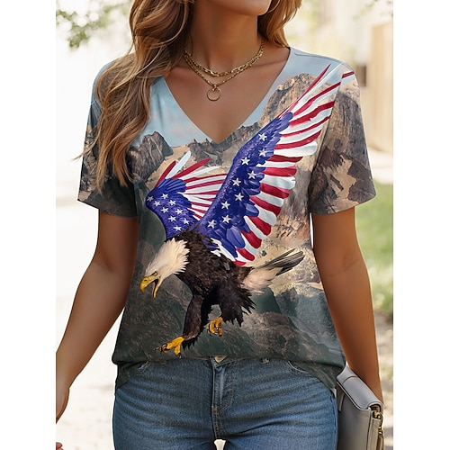 Damen T Shirt Druck Grafik Tiermotiv Amerikanische Flagge Vintage Stilvoll Klassisch Kurzarm V Ausschnitt Normale Oberteile Täglich Wochenende Blau Sommer Frühling Image