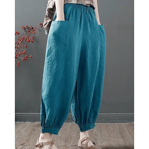 Damen Baumwoll Mischung Kunstbaumwollleinen Stoffhosen Sommerhose Streetwear Lässig Volle Länge Natürliche Taille Einfach Tasche Elastischer Bund Außenbereich Bequem Outdoor Urlaub Aprikose Schwarz Image