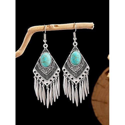 Türkisfarbene Tropfenohrringe im Bohemian-Stil für Damen – Statement-Schmuck im Vintage-Western-Stil mit Feder- und Perlendetails für Partys, Festivals und die Freizeit Image