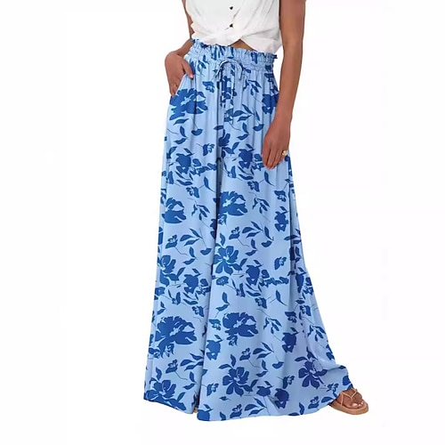 Damen Weite Hosenbeine Stoffhosen Hosen Hose Lässig Boho Volle Länge Natürliche Taille Blume Tasche Elastischer Bund Drucken Bequem Außenbereich Ferien Alltagstauglich Wochenende Magenta Weiß Blau Image