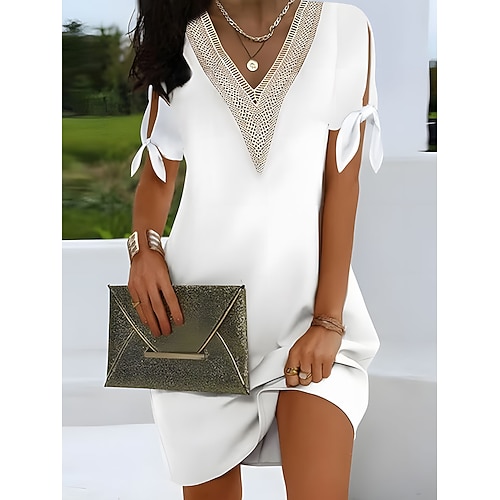 Damen Mini Kleid Sommerkleid Einfarbig Lässig Alltag Normale Passform Schlicht Halber Ärmel V-Ausschnitt Schwarz Weiß Pink Himmelblau Sommer Image