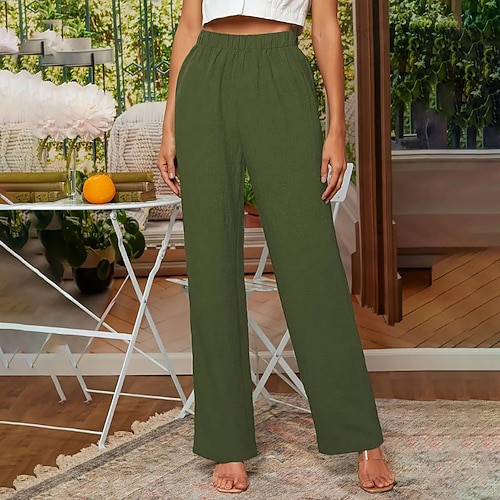 Damen Kunstbaumwollleinen Stoffhosen Streetwear Lässig Volle Länge Natürliche Taille Einfach Elastischer Bund Bequem Alltagstauglich Wochenende Grau Marinenblau Schwarz Armeegrün Sommer Normale Image