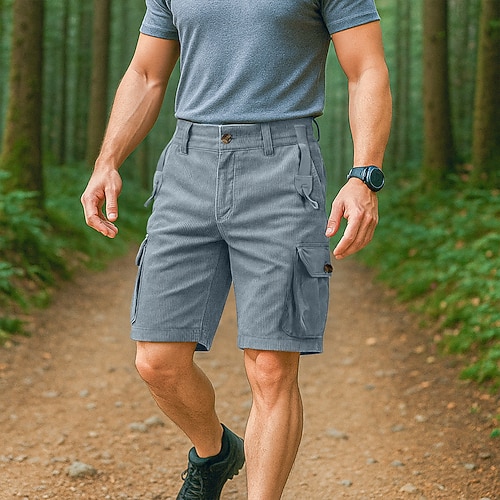 Herren Cargo-Shorts Cordhose Shorts Strandshorts Freizeitshorts Elastischer Bund Mehrere Taschen Gerader Schnitt Einfach Komfort Atmungsaktiv Knielang Outdoor Lässig Täglich Urlaub Mode Schwarz Blau Image