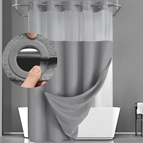 Waffelgewebe Duschvorhang 200cm hoch duschvorhang waschbar mit Snap-in-Stoff-Innenfutter-Set duschvorhang grün einfarbiger Hotelstil für Badezimmer mit Netzoberfenster Image