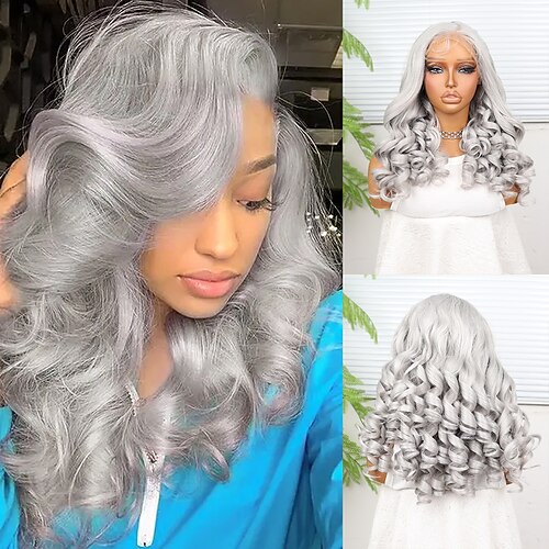 Synthetische Spitzenperücke Lockig Stil 18 Zoll Grau Mittelscheitel 13x4 Spitzenfront Perücke Damen Perücke GrauWeiß Image