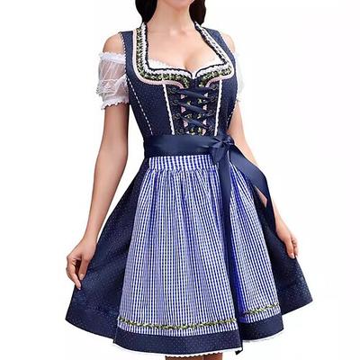 Damen Oktoberfest Dirndl Kleid mit Schnürung Satinschleife Karierte Schürze Traditionelles Kleid für das Oktoberfest Image