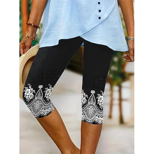 Damen Leggings Capri Pants Hohe Elastizität Urlaub Vintage Mode Wade-lange Mittlere Taille Blumen Grafik Druck Atmungsaktiv Weich Dehnbar Formal Urlaub Straße Robin's Egg Blau Schwarz Dunkelmarine Image