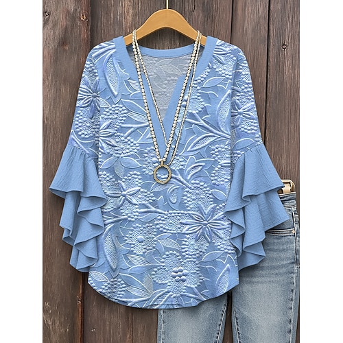 Frauen Retro Bluse Geschichtete Rüsche Ärmels Oberteile Vintage Floral Grafik Alltag Stylisch Lässig 3/4-Ärmel Regelmäßige Oberteile Alltag Urlaub Freizeitkleidung Print Pink Blau Lila Khaki Sommer Image