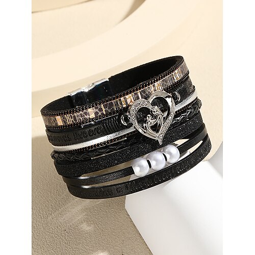 Magnetisches Kunstlederarmband für Damen – Manschette aus Legierung mit Herz- und Perlenanhänger und inspirierendem Text, Modeschmuck im Boho-Stil als Geschenk für Mama, geeignet für Muttertag, Geburtstage und lässige Outfits Image