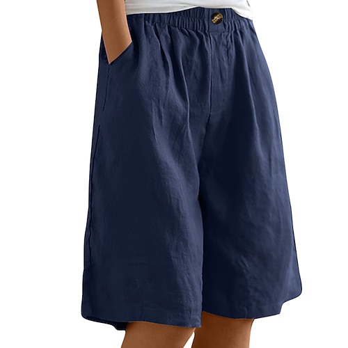 Damen Shorts Stoffhosen Lässig Knielang Natürliche Taille Einfach Tasche Elastischer Bund Bequem Außenbereich Alltagskleidung Ausgehen Pfauenblau Aprikose Hellbraun Hellhimmelblau Sommer Normale Image