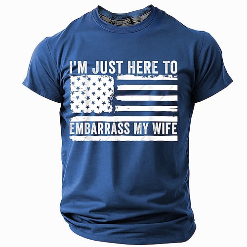 Herren Lustiges T-Shirt 'Ich bin nur hier um meine Frau in Verlegenheit zu bringen' Slogan amerikanische Flagge Grafik Kurzarm Familienhumor Image