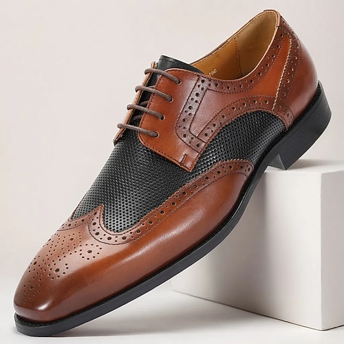 Hochwertige Herren-Schnürschuhe aus braunem und schwarzem Leder mit Mesh-Details für geschäftliche und formelle Anlässe Image