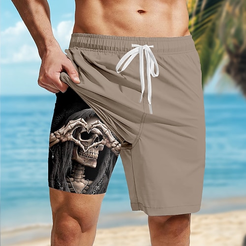 Herren Schädel Herzförmig Gothic Gefütterte Shorts 2 in 1 Badeshorts Badeshorts Mittlere Taille Hawaiianisch Retro Vintage Ferien Seitentaschen Mit Kompressionsfutter Elastischer Kordelzug in der Image