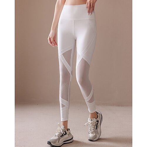 Damen Yogahose Yoga-Leggings Netz Po-Lifting Bauchkontrolle Hohe Taille Pilates Fitnesstraining Training Strumpfhosen Einfarbig Schwarz Weiß Blau Spandex Herbst Sport Sportkleidung Dehnbar Schmaler Image