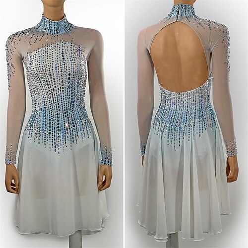 Eiskunstlaufkleid Damen Mädchen Eislaufen Kleid Himmelblau Weiß Patchwork Offener Rücken Netzstoff Spandex Hohe Elastizität Training Wettbewerb Eiskunstlaufkleidung Klassisch Kristall / Strass Langarm Image