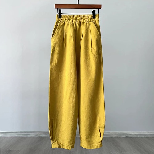 Damen Baumwoll Mischung Kunstbaumwollleinen Stoffhosen Sommerhose Streetwear Lässig Volle Länge Natürliche Taille Einfach Tasche Elastischer Bund Bequem Straße Ausgehen Aprikose Schwarz Weiß Gelb Image