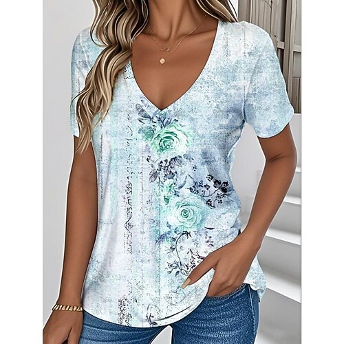 Damen T Shirt Druck Blumen Grafik Vintage Stilvoll Klassisch Kurzarm V Ausschnitt Normale Oberteile Täglich Blau Purpur Grün cremefarben Sommer Frühling Image