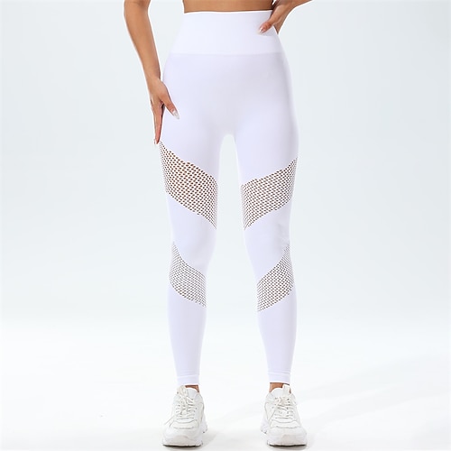 Damen Yogahose Yoga-Leggings Ausgehöhlt Po-Lifting Bauchkontrolle Hohe Taille Pilates Fitnesstraining Training Strumpfhosen Einfarbig Schwarz Weiß Blau Spandex Herbst Sport Sportkleidung Dehnbar Image