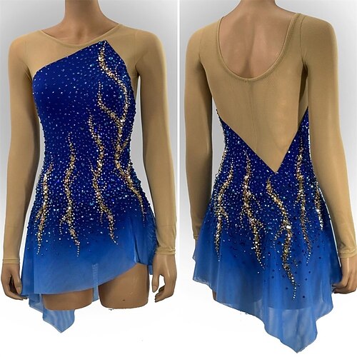 Eiskunstlaufkleid Damen Mädchen Eislaufen Kleid Marineblau Patchwork Asymmetrischer Saum Netzstoff Spandex Hohe Elastizität Training Wettbewerb Eiskunstlaufkleidung Klassisch Kristall / Strass Langarm Image