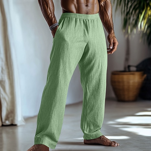 Herren Leinenhosen Hose Sommerhose Baggy-Hosen Elastischer Bund Gerader Schnitt Einfach Komfort Atmungsaktiv Volle Länge Heim Yoga Täglich Mode Klassicher Stil Schwarz Hellgrün Image