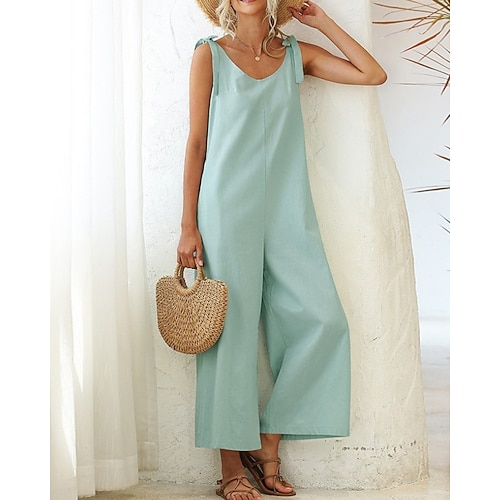 Damen Latzhose Jumpsuit Streetwear einfarbig ärmellos V-Ausschnitt rückenfrei Tasche Street Daily Regular Fit schwarz weiß hellgrün Sommer Image