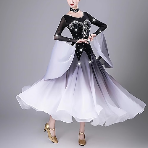 elegantes Gesellschaftstanzkleid Damen Performance Walzer Tanzkleid Langarm Strass moderne Tanzbekleidung Kostüme Image