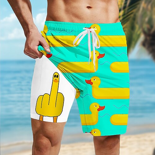 Herren Tiermotiv Lustig Ente Gefütterte Shorts 2 in 1 Badeshorts Badeshorts Mittlere Taille Hawaiianisch Urlaub Ferien Strandbekleidung Seitentaschen Mit Kompressionsfutter Elastischer Kordelzug in Image