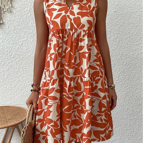 Damen Minikleid Blumenkleid Druckkleid Klassisch Modern Täglich Urlaub Ferien Normale Passform Blume Ärmellos V Ausschnitt Schwarz Marineblau Orange Grün Sommer Image