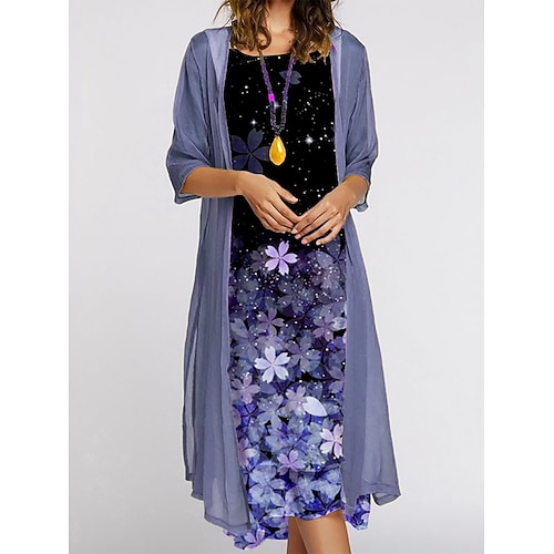 Damen Kleid-Set Sommerkleid Lässig Blumen Druck Midikleid Dreiviertelarm Rundhalsausschnitt Täglich Outdoor Blau Rosa Grün Sommer Frühling Normale Passform Image
