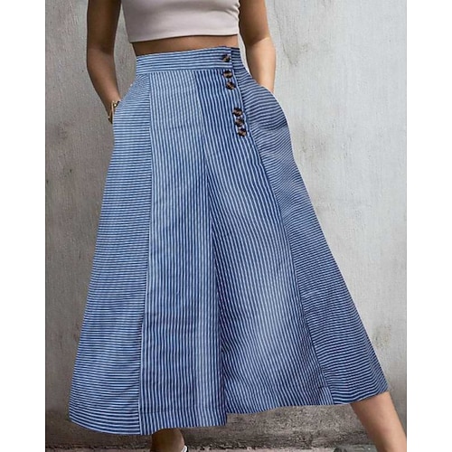 Damen Weite Hosenbeine Stoffhosen Hosen Hose Mode Streetwear Volle Länge Natürliche Taille Gestreift Tasche Elastischer Bund Bequem Außenbereich Straße Ausgehen Schwarz Weiß Blau Sommer Normale Image