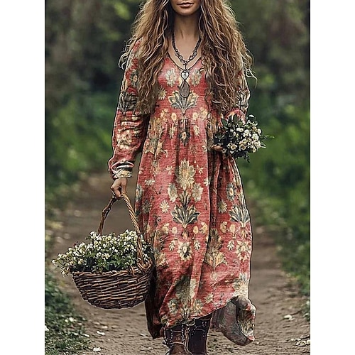Damen Maxi Kleid Boho Sommerkleid Plisseekleid Urlaub Lässig Ausgehen Strand Standard Passform Grafik Paisley Langarm V-Ausschnitt Tiefgrün Schwarz Rot Blau Sommer Frühling Image