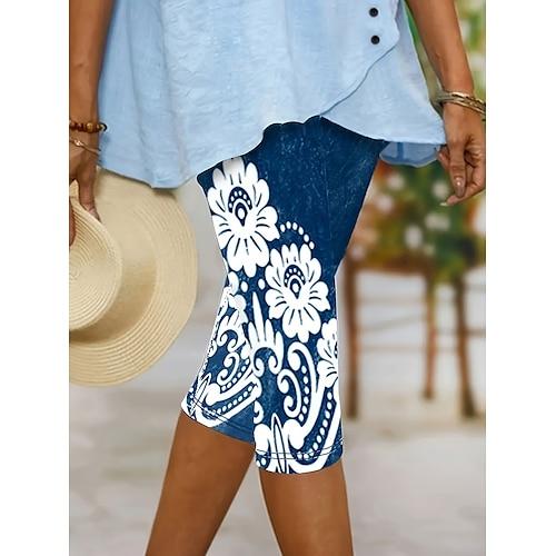 Damen Leggings Capri Hosen 3D Druck Hohe Elastizität Urlaub Vintage Mode Knöchellang Hohe Taille Blumengrafik Druck Thermisch Warm Atmungsaktiv Weich Dehnbar Formal Outdoor Urlaub Marineblau