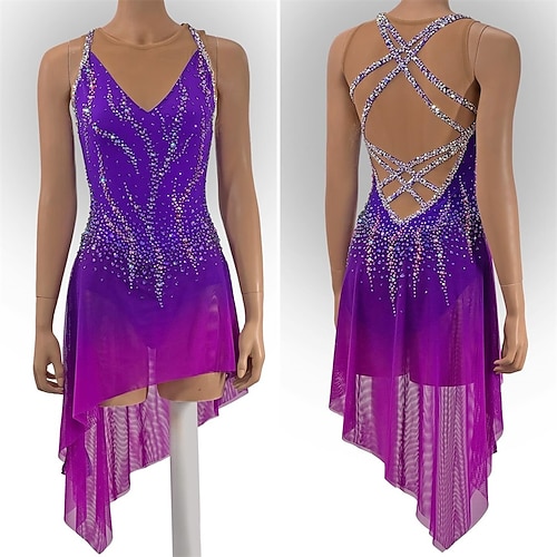 Eiskunstlaufkleid Damen Mädchen Eislaufen Kleid Fuchsie Daumenloch Asymmetrischer Saum Netzstoff Hohe Elastizität Training Wettbewerb Eiskunstlaufkleidung Klassisch Kristall / Strass Ärmellos Image