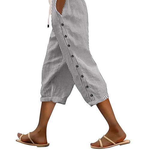 Damen Kunstbaumwollleinen Caprihose Stoffhosen Streetwear Lässig Wadenlang Natürliche Taille Gestreift Tasche Elastisches Kordelzugdesign Bequem Ferien Ausgehen Wochenende Magenta Grau Weiß Blau Image