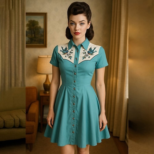 Retro Vintage 1950er Mini A-Linien-Kleid Hemdkleid Cowgirl Knopfleiste 3D-Druck Kostüm Damen Maskerade Urlaub Lässig Teegesellschaft Erwachsene Kleid Sommer Image