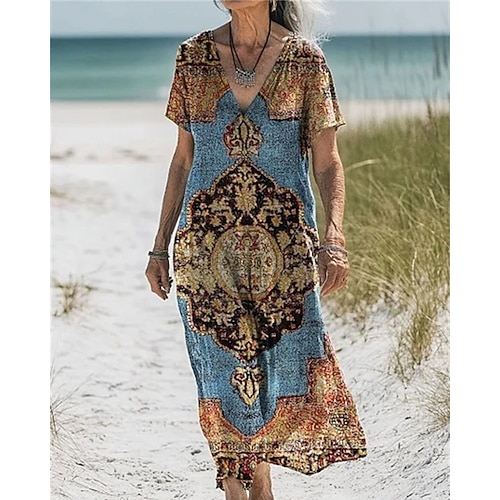 Damen Langes Kleid Maxikleid Baumwoll-Leinen-Kleider Freizeitkleid Boho-Kleid Westernkleid Mode Outdoor Party Ferien Normale Passform Blume Kurzarm V Ausschnitt Blau Grün Dunkelblau Leicht Blau Sommer Image