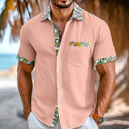 Herren Hemd Leinenhemd Sommerhemd Strandbekleidung Knopfhemd Einfarbig Urlaub Kreuzfahrt Schwarz Weiß Rosa Grün Kurzarm Kragen Sommer Frühling Sommer Bekleidung Farbblock Image