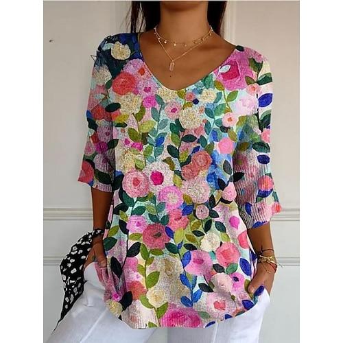 Damen Bluse Blumen Grafik Bohemien Tropisch Stilvoll Dreiviertelarm V Ausschnitt Normale Oberteile Täglich Blau Fuchsie Orange Sommer Frühling