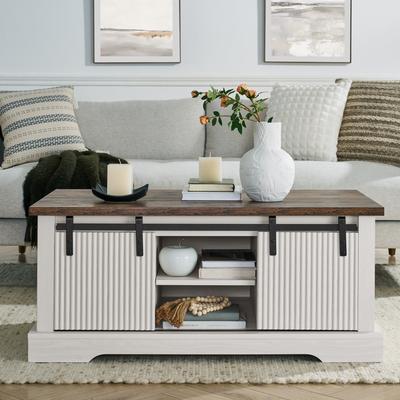 Rustic Coffee Table with Storage and Sliding Wooden Door, Adjustable Shelves for Living Room Meeting Room