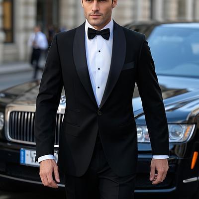TEMU Black Two-piece Suit With A Single Button, Featuring A Sophisticated Qingshan Collar, For Men In Larger Sizes, Suitable For Formal , Weddings, Work Attire, And Gifts. Image