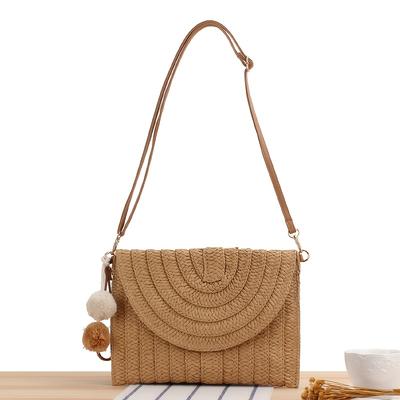 TEMU Keaplayee Elegant Paper Woven Straw Handbag With Pom-pom - Boho Style Clutch For Beach, Travel, And Shopping, Vacation Accessory|boho | Handle, Beach Tote Bag Image