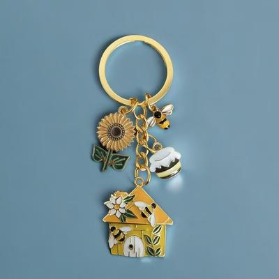 TEMU Summer Alloy Keychain With Sunflower, Bee & House Charms - Keys, Bags & Gifts - Vibrant Cartoon-themed Design With Ring - Ideal Birthday Present Image