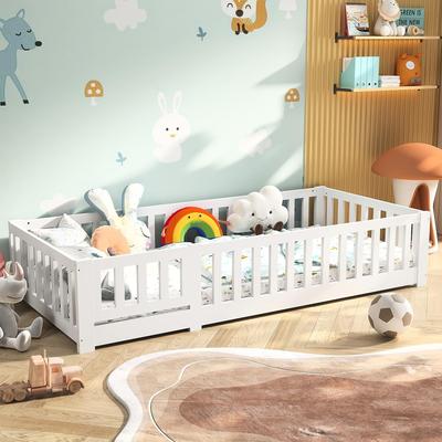 TEMU Ycz Bed Floor Bed 90x200 Cm, Solid Wood Bed Frame With Barrier And Slatted Base, Single Bed For And, White, Without Mattress, Zabc Image